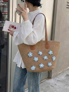Bolso Tote Casual Tejido con Diseño Floral para Mujer, con Dos Asas, Forro de Algodón, Ligero, Abierto, para Viajes, Playa y Uso Diario - Product Image 1