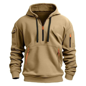 <b>Men's</b> <b>Burgundy</b> Quarter Zip <b>Hoodie</b> Regular Fit Solid Color Casual Knitted Sweatshirt with Pockets Autumn Wear - Product Image 6