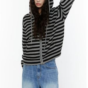 <b>Womens</b> Grey Black Striped Zip Up Knit Hoodie Oversized <b>Slouchy</b> Cardigan Sweater <b>Jumper</b> Y2K Streetwear Casual Vintage Grunge Tops - Product Image 6