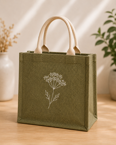 Jute Shopping <b>Bag</b> Green With <b>White</b> Floral Print Medium Size Top Handle Daily Use - Product Image 1