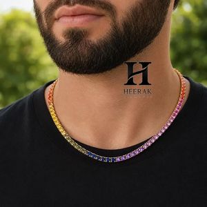 Men's Rainbow Gradient Tennis Necklace Gold Plated Colorful Multi <b>Gemstone</b> Iced Out Choker Chain Jewelry - Product Image 1