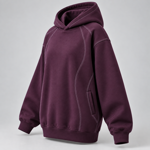 Sudadera con Capucha Extra Grande Color Morado Ciruela Premium, Sudadera con Costuras en Contraste, Unisex, Ropa Casual Urbana, Fabricante, Venta al Por Mayor - Product Image 4