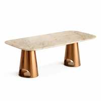 Table à manger moderne en aluminium avec base sculpturale en forme de bouteille, plateau en pierre, table console minimaliste de luxe pour hôtel, restaurant, extérieur