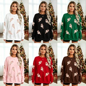 Sweat-shirt rouge surdimensionné à col rond, imprimé pailleté canne à sucre, pull tricoté unisexe, vêtement décontracté d'hiver - Product Image 2