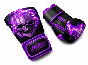 Gants de boxe noirs IBERIA Premium, imprimé crâne violet, gants d'entraînement en cuir PU, logo personnalisé, équipement sportif en gros OEM - Product Image 4