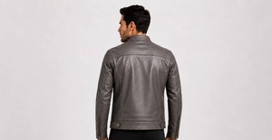 Veste moto en cuir véritable gris pour homme, coupe ajustée, col montant, fermeture éclair, style automne - Product Image 3