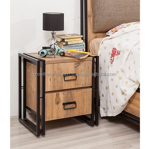 Table de chevet industrielle en bois de manguier massif avec structure métallique et 2 tiroirs pour chambre moderne et mobilier d'entrepôt Nouveauté 2026 - Product Image 2