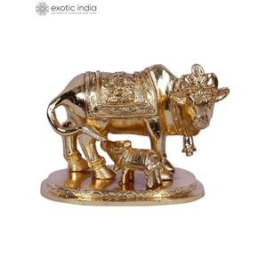 2 Inches Gold-Plated Brass <b>Statue</b> of Mother Cow with Calf Handmade Sculpture for Home Decor and Gifting Made In India - Product Image 3
