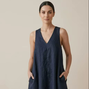 Vestido Largo de Estilo Vintage para Mujer, Sin Mangas, Cuello en V, Corte Holgado, Transpirable, Ropa Formal de Verano, Tela Personalizada OEM - Product Image 1