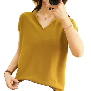 기본 그늘 티셔츠 캐주얼 여름 여성 티셔츠 100% 면 솔리드 니트 짧은 소매 V-넥 풀오버 느슨한 탑 패션