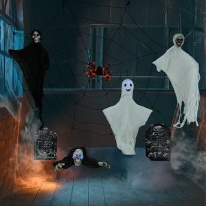 Set di Fantasmi Appesi di Halloween con Ragnatele e Lapidi, Occhi Illuminati e Decorazioni Oscillanti - Product Image 3