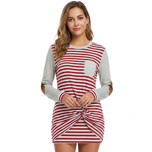 Vestido de punto de manga larga a rayas para mujer, con bolsillo y detalle de nudo, cuello redondo, ajuste holgado informal, de algodón y fibra de bambú - Product Image 2