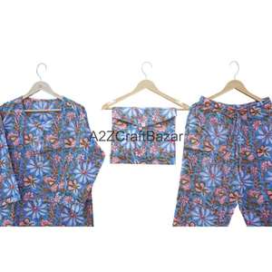 Ensemble de pyjama d'été pour femmes en coton 100% imprimé à la main, vêtements de détente romantiques et confortables, robe de nuit élégante - Product Image 4