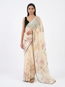 Elegant Cream Digital Print Silk Saree <b>Green</b> <b>Velvet</b> Blouse for Women India Pakistan Wedding Wear In-Stock Bollywood Style Midi - Product Image 4