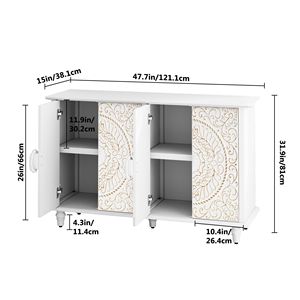 Buffet en bois sculpté vintage de 48 pouces avec 4 portes, grand espace de rangement, armoire décorative pour salon - Product Image 2