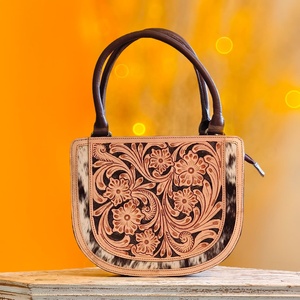 Hand Tooling Florals Carved Designer Fashionable Women's Luxury Elegant Genuine Leather Brown Waterproof Large Capacity Handbags - Product Image 2