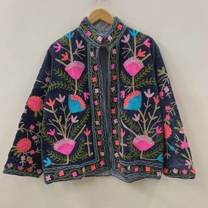 Unisex Vintage Boho Winter <b>Jacket</b> Suzani Embroidery Floral <b>Velvet</b> Chic Ethnic Outerwear with Cotton Filling Knitted Processed - Product Image 1