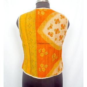 Elegant Handmade Eco-Friendly Breathable Cotton <b>Kantha</b> V-Neck Women's Waistcoat Winter Short <b>Jacket</b> Vest Button Closure - Product Image 4