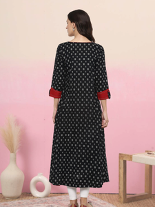 Kurta Anarkali noire en coton imprimé pour femme, col rond, manches trois-quarts, conçue pour un usage décontracté et festif ethnique mondial - Product Image 4