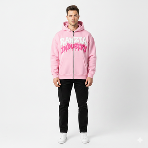 โรงงานผลิตเสื้อผ้า Ranzia ผู้ผลิตเสื้อฮู้ดซิปผู้ชาย รับผลิตเสื้อฮู้ดซิปผู้ชายแบบ OEM ผ้าฝ้ายปักลายแบบดิสเทรสพร้อมพิมพ์ลาย - Product Image 1