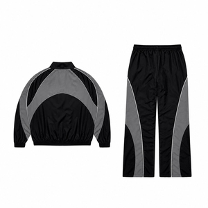 Survêtement unisexe en nylon avec empiècements, noir et gris, coupe-vent sportif à manches longues avec fermeture éclair et poches latérales, idéal pour l'été - Product Image 5