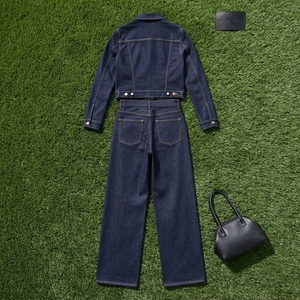 <b>Women</b> Dark <b>Blue</b> Denim Jacket And Wide Leg <b>Jeans</b> Set Fitted Two Piece Matching Outfit Casual Streetwear Fashion - Product Image 6