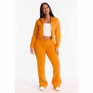2026 Custom Acid Washed Full Zip up Jogging Suit and Flared Pant New Style 100%Cotton Heavy Fleece 400Gsm for <b>Women</b> - Product Image 5
