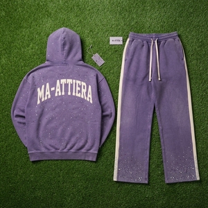 Conjunto de Sudadera con Capucha y Pantalones Deportivos Personalizados para Hombre, Color Morado con Pedrería, Felpa de Algodón, Estilo Urbano, Talla Grande, Venta al Por Mayor OEM - Product Image 6