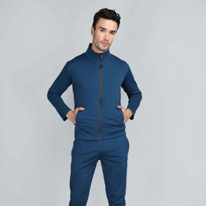 Chándal Azul Marino Personalizado para Hombre, Manga Larga, Informal, para Otoño, con Bolsillos Laterales, Corte Regular, Color Sólido, Cierre de Cremallera Frontal - Product Image 1