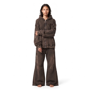 Women's Acid Wash Distressed Oversized Drop Shoulder <b>Full</b> <b>Zip</b> <b>Hoodie</b> And Wide Leg Jogger Cotton Fleece Tracksuit - Product Image 3