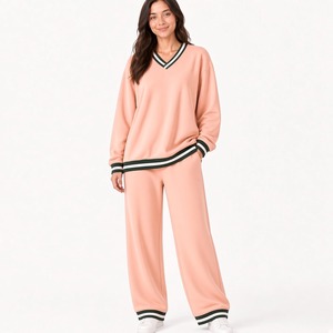 Sweat-shirt à col en V à manches longues et pantalon assorti à jambes larges, coupe décontractée et confortable, vêtements de marque privée - Product Image 5