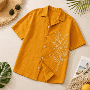 เสื้อเชิ้ตผู้ชายลำลองพรีเมียมสีมัสตาร์ด ผ้าฝ้าย แขนครึ่ง ปักลายใบไม้สีขาว ติดกระดุม สำหรับขายส่ง - Product Image 4
