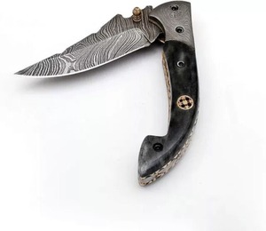Couteau de chasse artisanal en acier Damas de qualité industrielle, pointe clip, lame droite, bouton de pouce, couteau pliant avec étui en cuir OEM - Product Image 3
