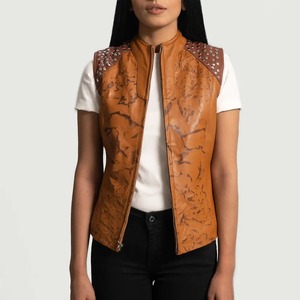 Chaleco de cuero genuino para mujer, chaleco informal marrón sin mangas con cuello alto y cremallera, chaleco con tachuelas, abrigo de moda para mujer, el más vendido - Product Image 1