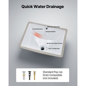 Lavabo Rettangolare in Ceramica Bianca da Incasso 20.28 X 15.16 Pollici con Foro per Troppopieno, Montaggio a Incasso nel Piano - Product Image 5