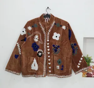 Chaqueta Bomber Unisex Hecha a Mano de Terciopelo Marrón con Bordado, Parches Florales Vintage, Estilo Boho Étnico, Ropa de Abrigo de Algodón para Otoño e Invierno - Product Image 1
