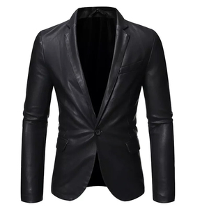 Men Black Leather <b>Blazer</b> Single Breasted Regular Fit Full Length Sleeve - Product Image 1