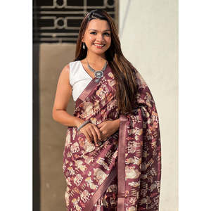 Sari en soie Tussar marron foncé imprimé avec bordure tissée Zari, style ethnique gujarat, réversible, pour soirée et cérémonie - Product Image 2