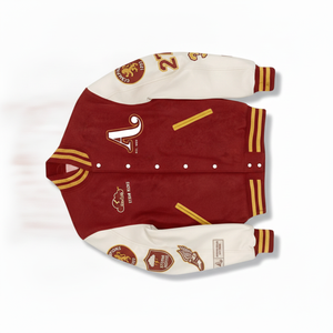 Men's <b>Red</b> Varsity Jacket With Embroidered Letter A And Patch Designs Turn-down Collar Preppy Style Autumn Wear - Product Image 4