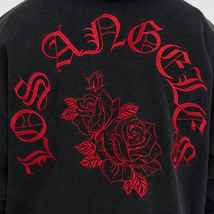 Sweat-shirt à capuche surdimensionné pour homme en coton/polyester, style streetwear, imprimé floral rouge brodé au dos, effet délavé à l'acide - Product Image 5