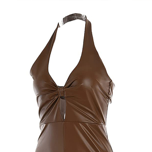 Sexy Faux Leather Bodycon Maxi Dress for Women Slim Fit Waist Solid Color Long Dress with Slit for Party - Product Image 2