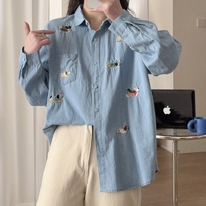 Women's Single-Breasted <b>Top</b> Embroidered Washed Denim Long-Sleeved Shirt Fashion - Product Image 1