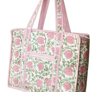 Eco Friendly Vintage National Fashion <b>Quilted</b> Cotton Block Print Tote Bag Open <b>Summer</b> Floral Pattern Sustainable Shopping Travel - Product Image 1