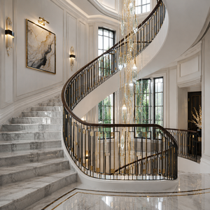 Rampe d'escalier incurvée noire et or de luxe avec balustres géométriques, main courante intérieure moderne pour la conception d'escaliers de villa - Product Image 1