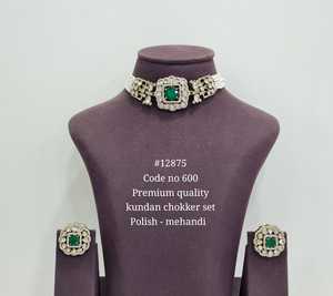 12875Kundan Choker <b>Necklace</b> <b>Set</b> Mehandi Plated Imitation <b>Pearl</b> Brass Geometric Jewelry for Wedding Engagement Party Wear - Product Image 5