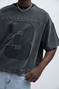 Men's Oversized Denim T-Shirt With Number 3 Print Short Sleeve O-Neck Street Style Cotton Washed Look And Customization For Men - Product Image 4