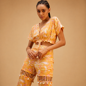 Conjunto de 2 Piezas para Mujer Sea Lover Premium: Top Corto Estampado y Pantalones Anchos, 100% Algodón, Estilo Bohemio, Ropa de Playa para Verano, OEM ODM - Product Image 4