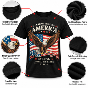 T-shirt noir pour homme, imprimé drapeau américain, manches courtes, col rond, coupe décontractée, 100% coton, tissu jersey respirant - Product Image 3