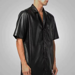 Custom <b>Men</b>’s PU Leather Jacket Black Short Sleeve Button Down OEM Wholesale Supplier - Product Image 2