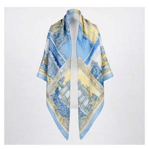 Women's Square <b>Silk</b> Scarf Blue Yellow Printed Elegant Multi-Functional Fashion Accessory All Seasons - Product Image 1